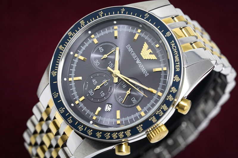 Emporio Armani Tazio Chronograph Blue Dial Gold & Silver Stainless Steel Strap Watch For Men - AR8030 Buy Now By Emporio Armani