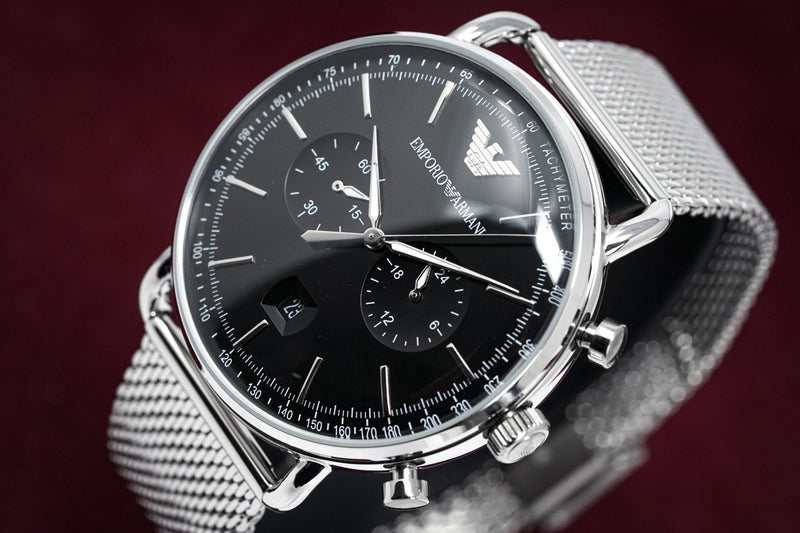 Emporio Armani Chronograph Black Dial Silver Mesh Bracelet Watch For Men - AR11104 Buy Now By Emporio Armani
