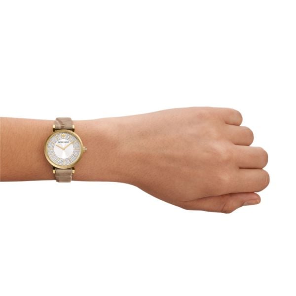 Emporio Armani Gianni T Bar Crystals Silver Dial Brown Leather Strap Watch For Women - AR11518 Buy Now By Emporio Armani