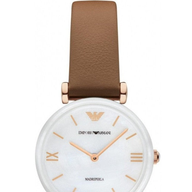 Emporio Armani Gianni T Bar Quartz Mother of Pearl White Dial Brown Leather Strap Watch For Women - AR11040 Buy Now By Emporio Armani