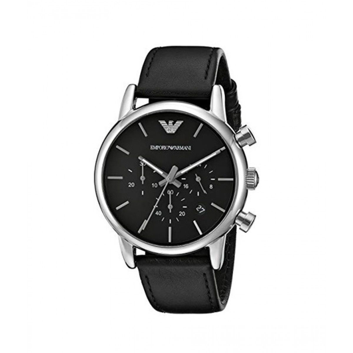 Emporio Armani Classic Chronograph Black Dial Black Leather Strap Watch For Men - AR1733