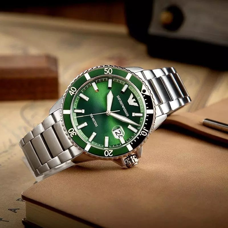 Emporio Armani Three Hand Green Dial Silver Steel Strap Watch For Men - AR11338 Buy Now By Emporio Armani