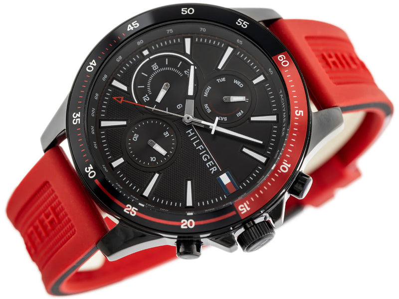 Tommy Hilfiger Multifunction Quartz Black Dial Red Rubber Strap Watch for Men - 1791722 Buy Now By Tommy Hilfiger