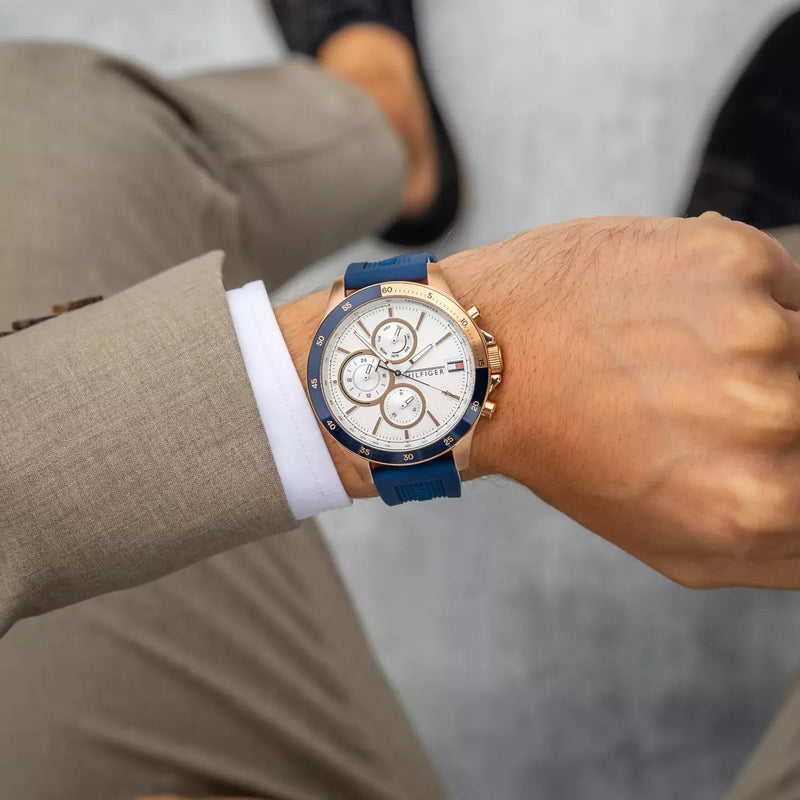 Tommy Hilfiger Bank Multifunction Quartz White Dial Blue Rubber Strap Watch for Men - 1791778 Buy Now By Tommy Hilfiger