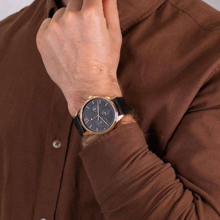 Shop Tommy Hilfiger Damon Quartz Black Dial Black Leather Strap Watch for Men - 1791419 in USA
