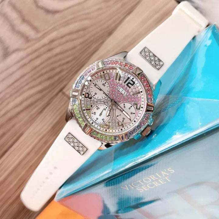 Guess Frontier Diamonds Silver Dial White Rubber Strap Watch for Women - GW0045L1 Buy Now By Guess