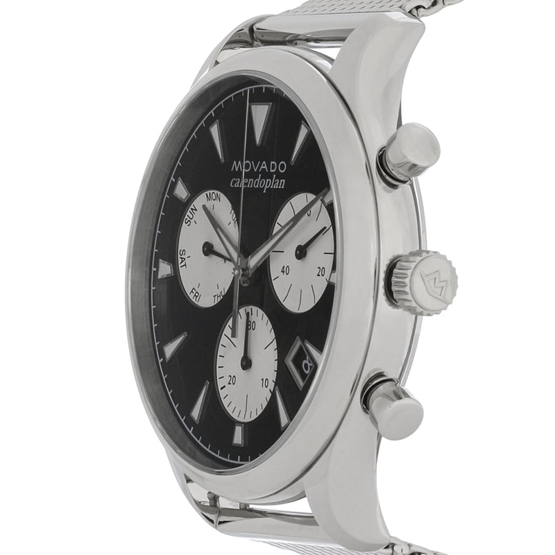 Shop Movado Heritage Calendoplan Chronograph Black Dial Silver Mesh Strap Watch for Men - 3650097 in USA