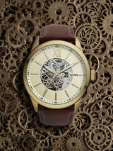 Fossil Flynn Mechanical Skeleton Beige Dial Brown Leather Strap Watch for Men - BQ2215 Buy Now By Fossil