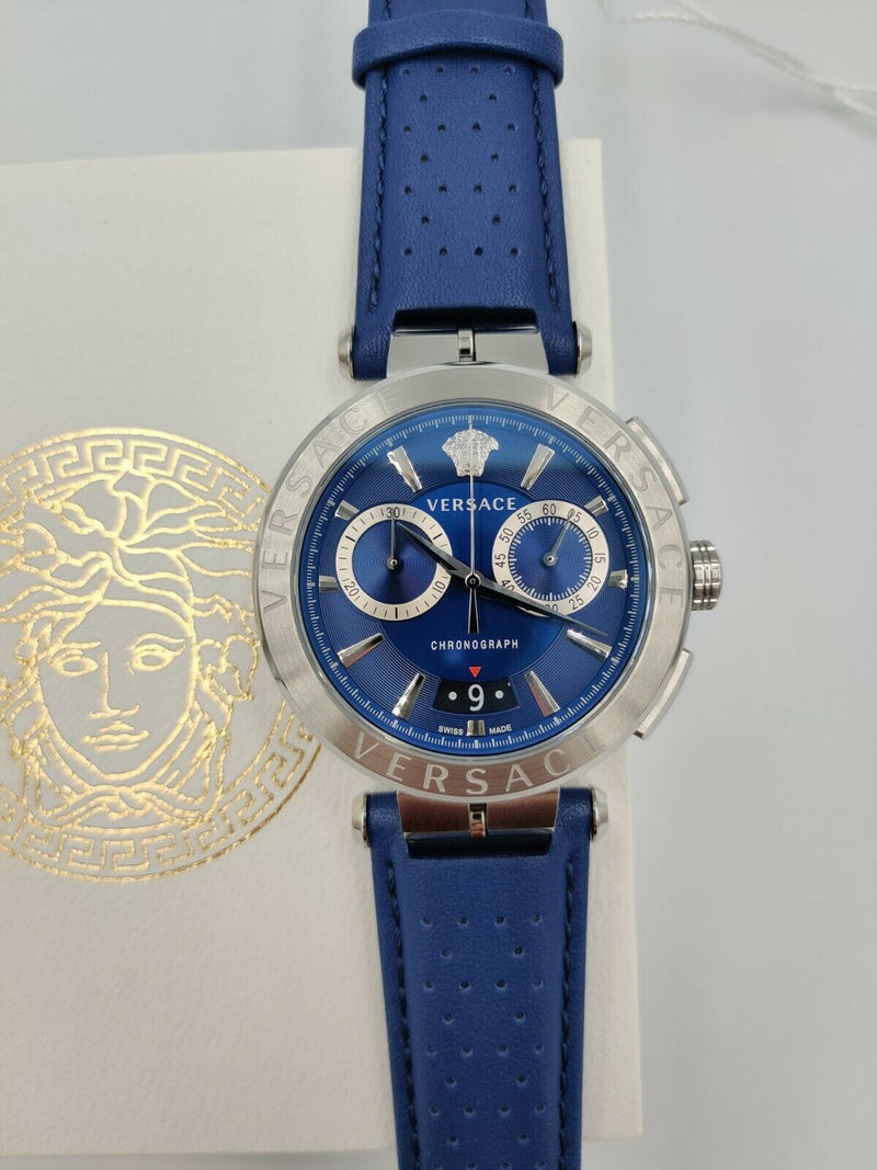Versace Aion Chronograph Blue Dial Blue Leather Strap Watch for Men - VE1D01220 Buy Now By Versace