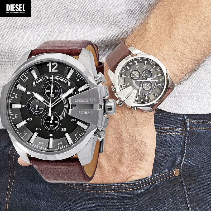 Shop Diesel Mega Chief Black & Silver Round Dial Brown Leather Strap Watch For Men - DZ4290 in USA