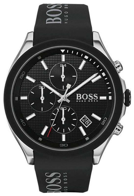Hugo Boss Velocity Chronograph Black Dial Black Leather Strap Watch for Men - 1513716