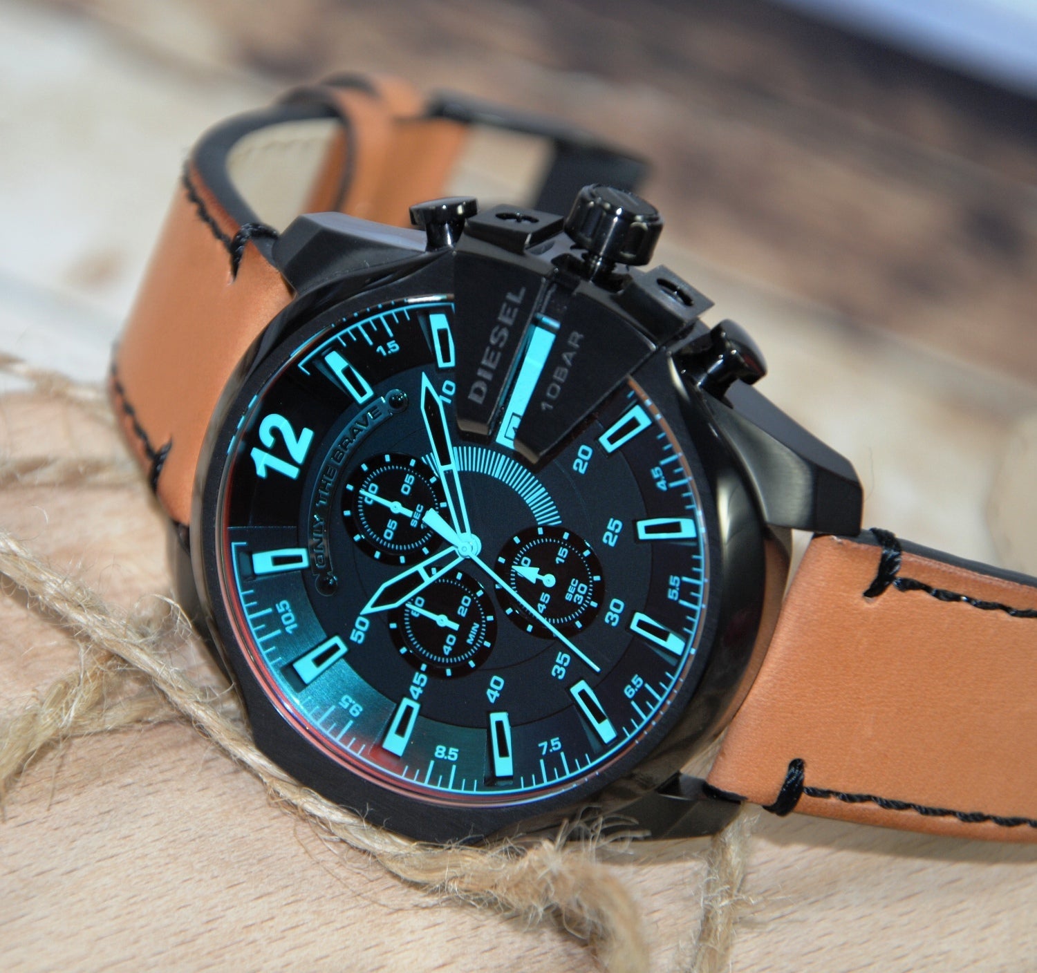 Diesel Mega Chief Chronograph Black Dial Brown Leather Strap Watch For Men - DZ4476