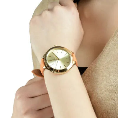 Shop Michael Kors Runway Quartz Gold Dial Orange Leather Strap Watch For Women - MK2275 in USA