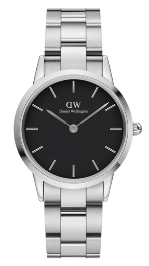 Daniel Wellington Iconic Link Black Dial Silver Steel Strap Watch for Women - DW00100204