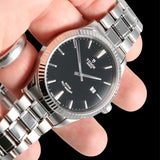 Tudor Style Automatic Black Dial Silver Steel Strap Watch for Men - M12710-0003