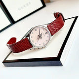 Shop Gucci G Timeless Quartz Diamonds Pink Dial Red Leather Strap Watch For Women - YA1265017 in USA