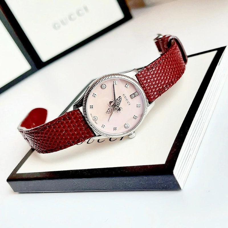 Shop Gucci G Timeless Quartz Diamonds Pink Dial Red Leather Strap Watch For Women - YA1265017 in USA