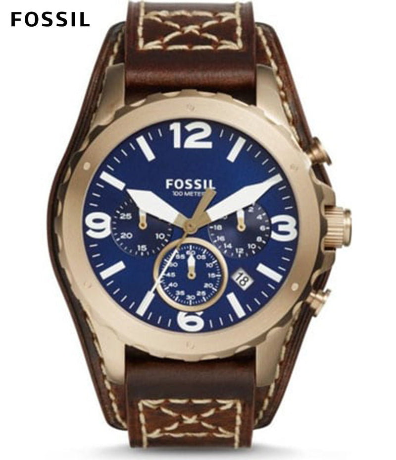 Shop Fossil Nate Chronograph Blue Dial Brown Leather Strap Watch for Men - JR1505 in USA