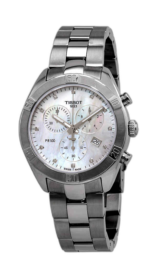 Tissot PR 100 Sport Chic Chronograph Diamonds Mother of Pearl Dial Silver Steel Strap Watch for Women - T101.917.11.116.00 Buy Now By Tissot