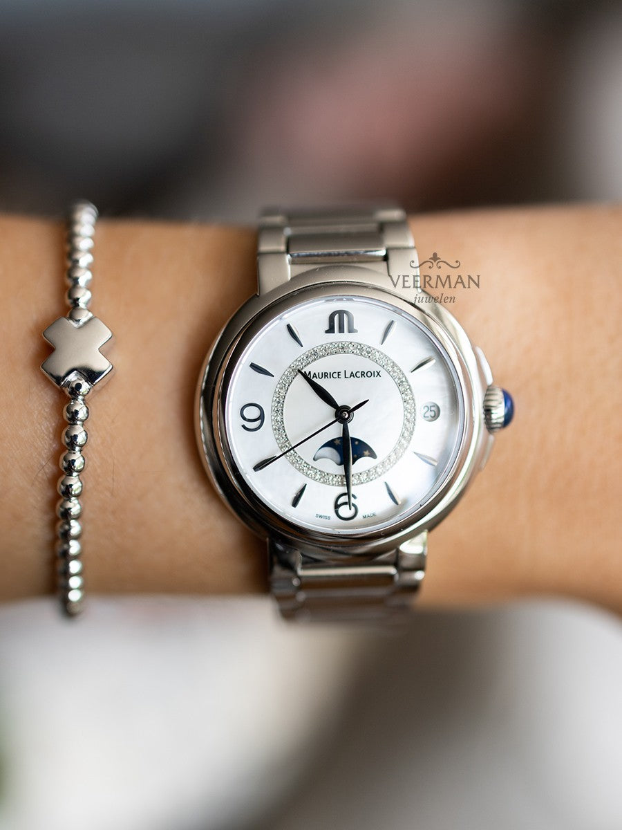 Maurice Lacroix Fiaba Moonphase White Mother of Pearl Dial Silver Steel Strap Watch for Women - FA1084-SS002-170-1