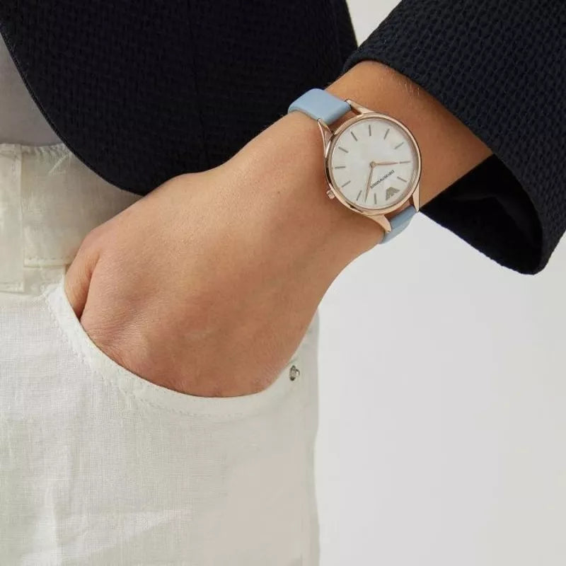 Emporio Armani Aurora Quartz Mother of Pearl White Dial Blue Leather Strap Watch For Women - AR11109 Buy Now By Emporio Armani