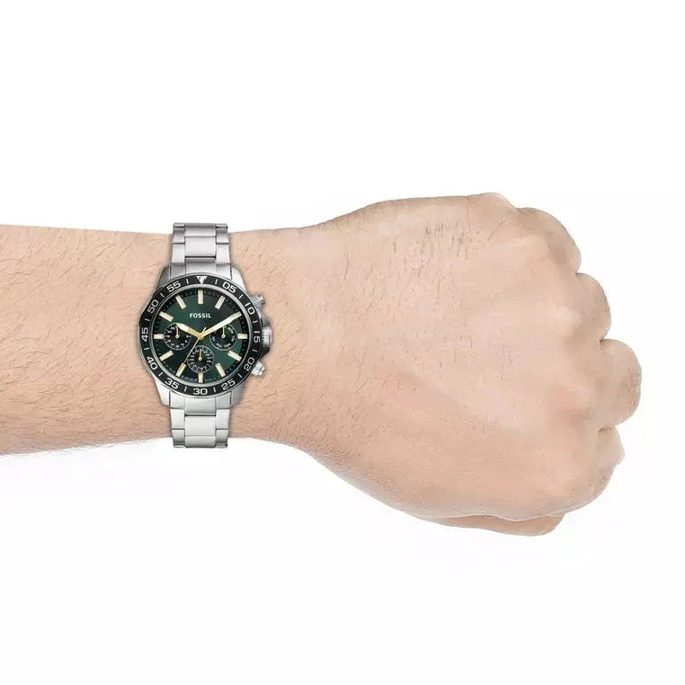 Fossil Bannon Chronograph Green Dial Silver Steel Strap Watch for Men - BQ2492