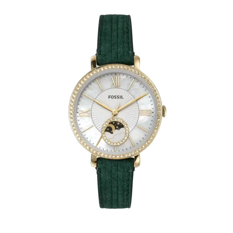 Fossil Jacqueline Multifunction Moonphase Mother of Pearl White Dial Green Leather Strap Watch for Women - ES5244 Buy Now By Fossil