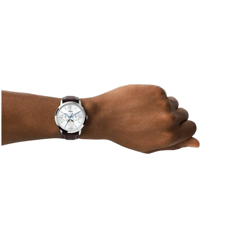 Fossil Neutra Minimalist Moonphase Silver Dial Brown Leather Strap Watch for Men - FS5905