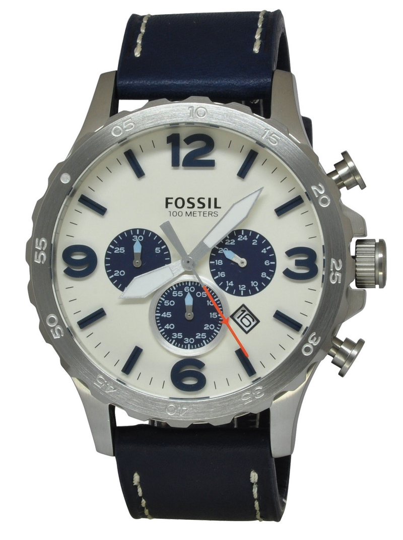 Fossil Nate Chronograph White Dial Blue Leather Strap Watch for Men - JR1480 Buy Now By Fossil