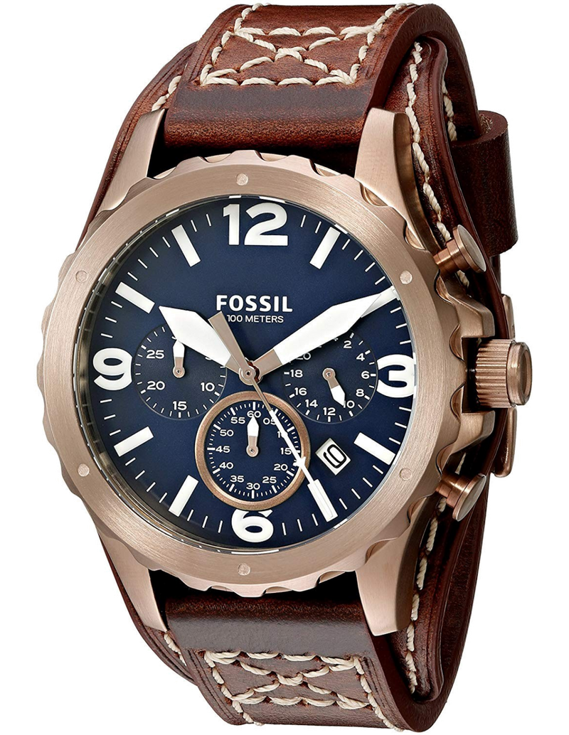 Shop Fossil Nate Chronograph Blue Dial Brown Leather Strap Watch for Men - JR1505 in USA