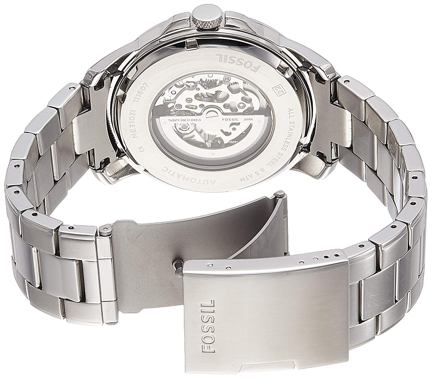 Fossil Grant Automatic Skeleton Black Dial Silver Steel Strap Watch for Men - ME3103