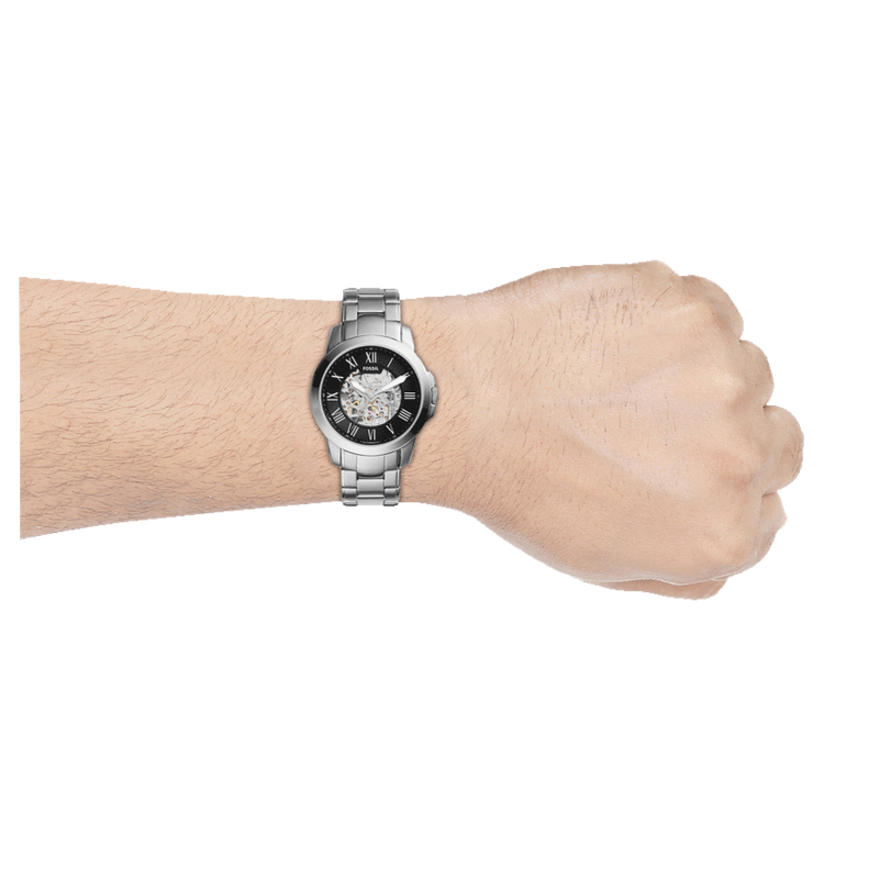Fossil Grant Automatic Skeleton Black Dial Silver Steel Strap Watch for Men - ME3103