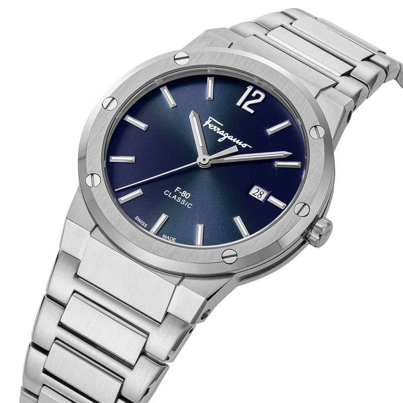 Shop Salvatore Ferragamo F-80 Classic Blue Dial Silver Steel Strap Watch for Men - SFDT01320 in USA