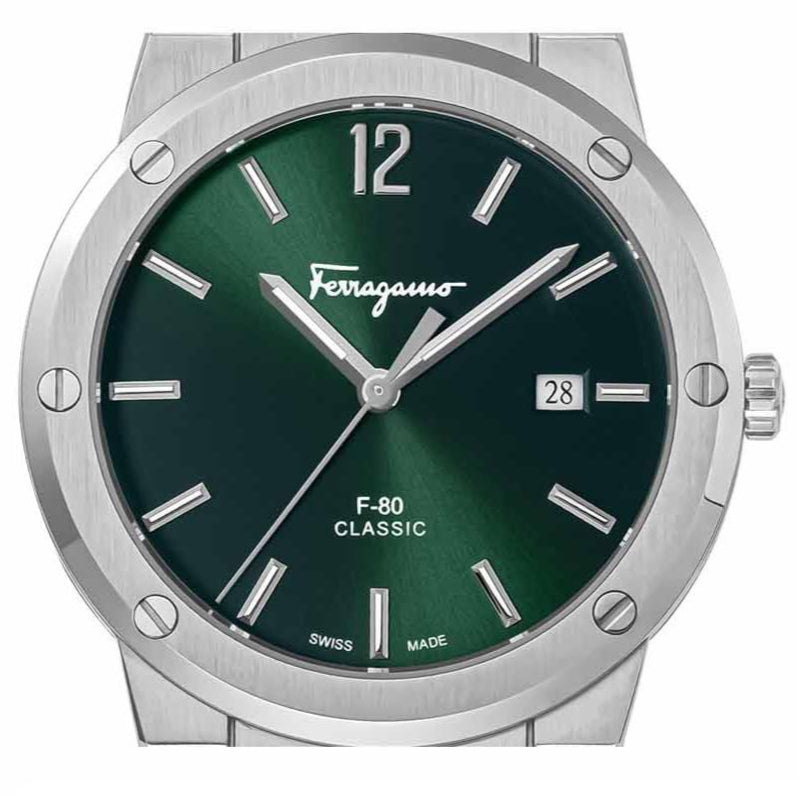 Shop Salvatore Ferragamo F-80 Classic Green Dial Silver Steel Strap Watch for Men - SFDT02123 in USA