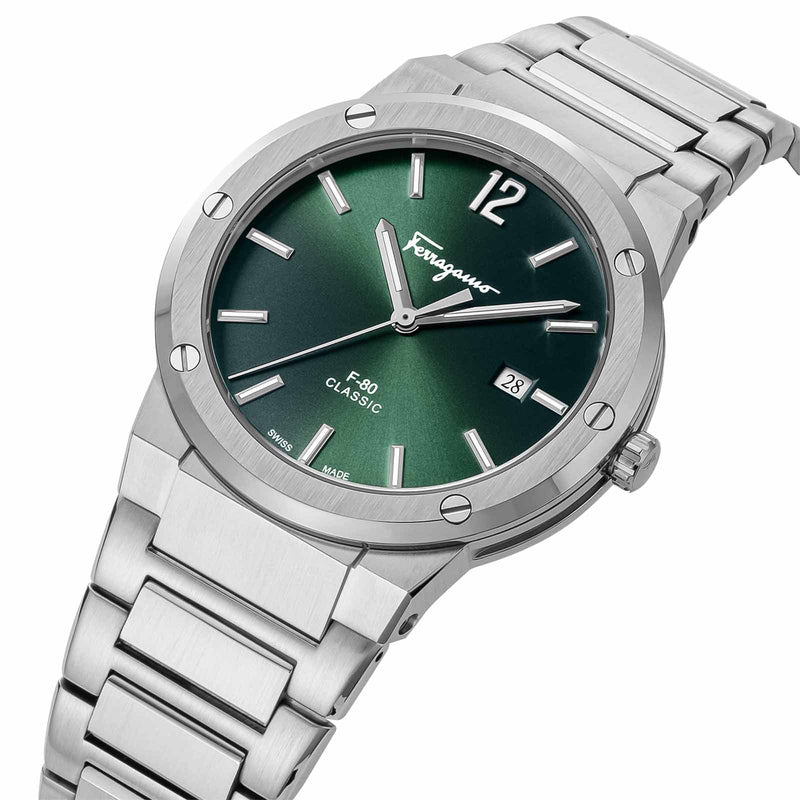 Shop Salvatore Ferragamo F-80 Classic Green Dial Silver Steel Strap Watch for Men - SFDT02123 in USA