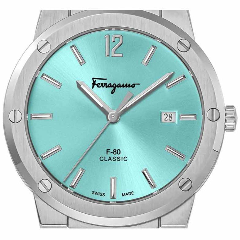 Shop Salvatore Ferragamo F-80 Classic Tiffany Blue Dial Silver Steel Strap Watch for Men - SFDT02323 in USA