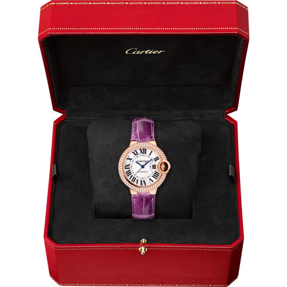 Cartier Ballon Blue De Cartier Diamonds Silver Dial Purple Leather Strap Watch for Women - WJBB0051