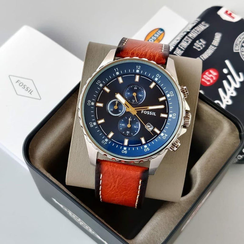 Fossil Dillinger Luggage Chronograph Blue Dial Brown Leather Strap Watch for Men - FS5675 Buy Now By Fossil