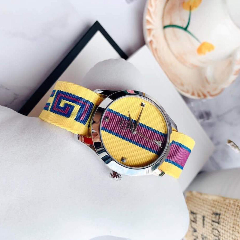 Shop Gucci G Timeless Quartz Yellow & Purple Dial Yellow & Purple NATO Strap Watch For Men - YA1264069 in USA