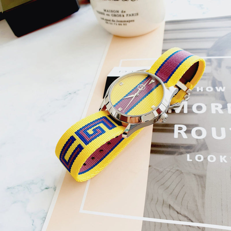 Shop Gucci G Timeless Quartz Yellow & Purple Dial Yellow & Purple NATO Strap Watch For Men - YA1264069 in USA