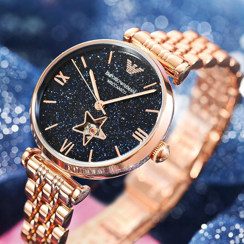 Emporio Armani Meccanico Crystals Black Dial Rose Gold Steel Strap Watch For Women - AR60043 Buy Now By Emporio Armani