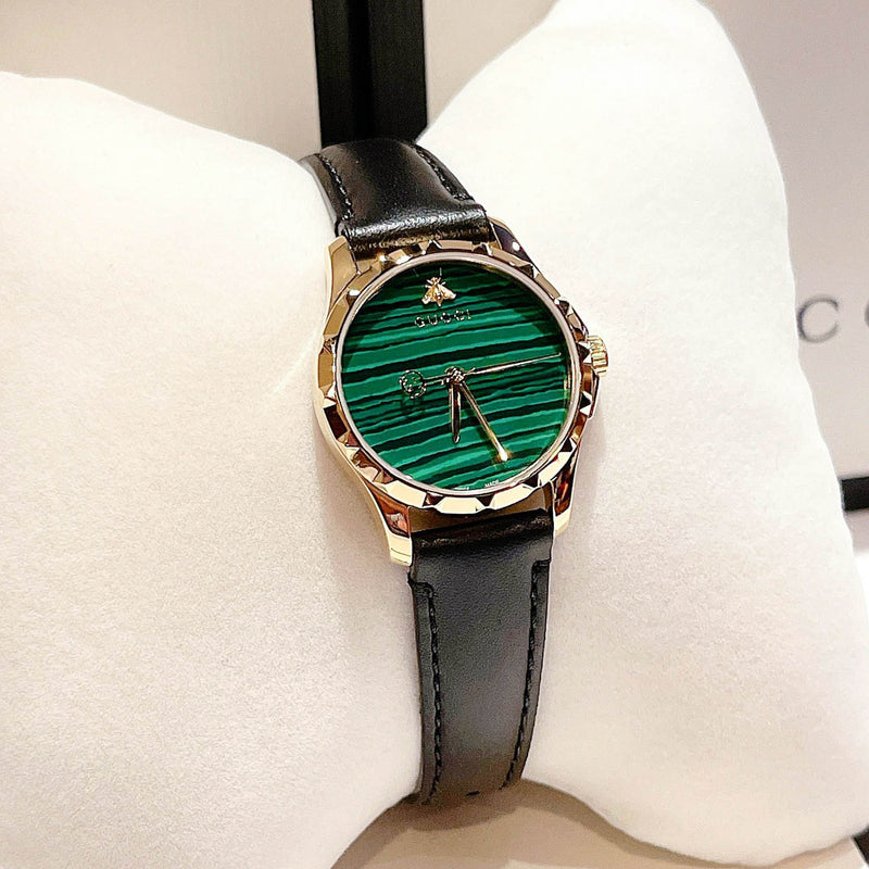 Shop Gucci Le Marche Des Merveilles Quartz Green Dial Black Leather Strap Watch For Women - YA126463 in USA