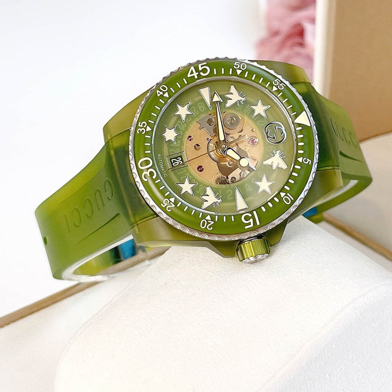 Shop Gucci Dive Automatic Green Dial Green Rubber Strap Unisex Watch - YA136345 in USA