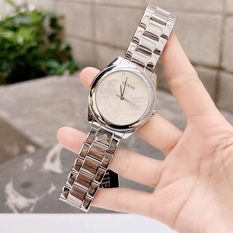 Shop Guess Cubed Analog Silver Dial Silver Steel Strap Watch For Women - GW0606L1 in USA