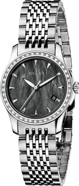 Gucci G Timeless Diamonds Mother of Pearl Black Dial Silver Mesh Bracelet Watch For Women - YA126507 Buy Now By Gucci