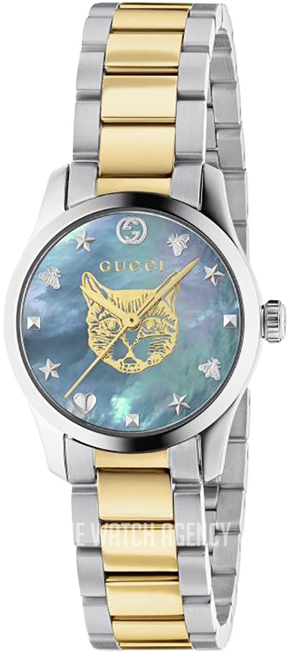 Shop Gucci G Timeless Quartz Mother of Pearl Blue Dial Two Tone Steel Strap Watch For Women - YA1265011 in USA