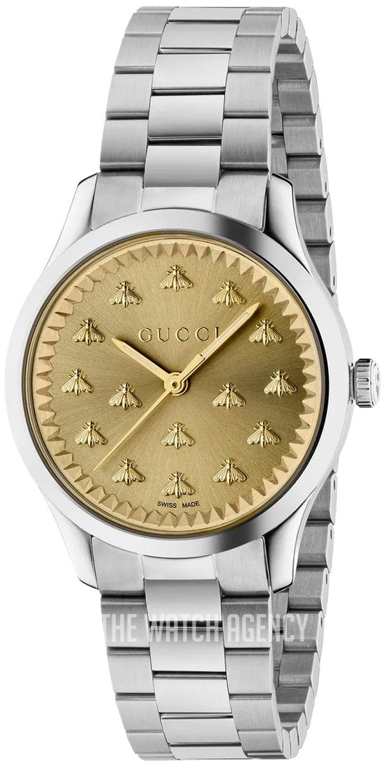 Shop Gucci G Timeless Quartz Gold Dial Silver Steel Strap Watch for Women - YA1265035 in USA