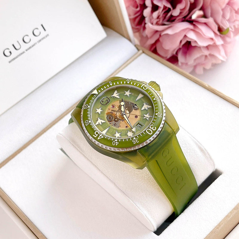 Shop Gucci Dive Automatic Green Dial Green Rubber Strap Unisex Watch - YA136345 in USA