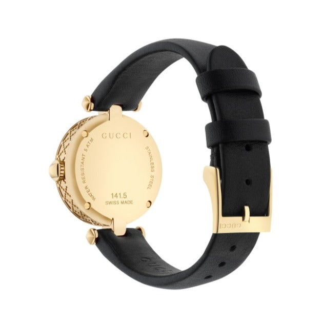 Shop Gucci Diamantissima Mother of Pearl Dial Black Leather Strap Watch For Women - YA141505 in USA
