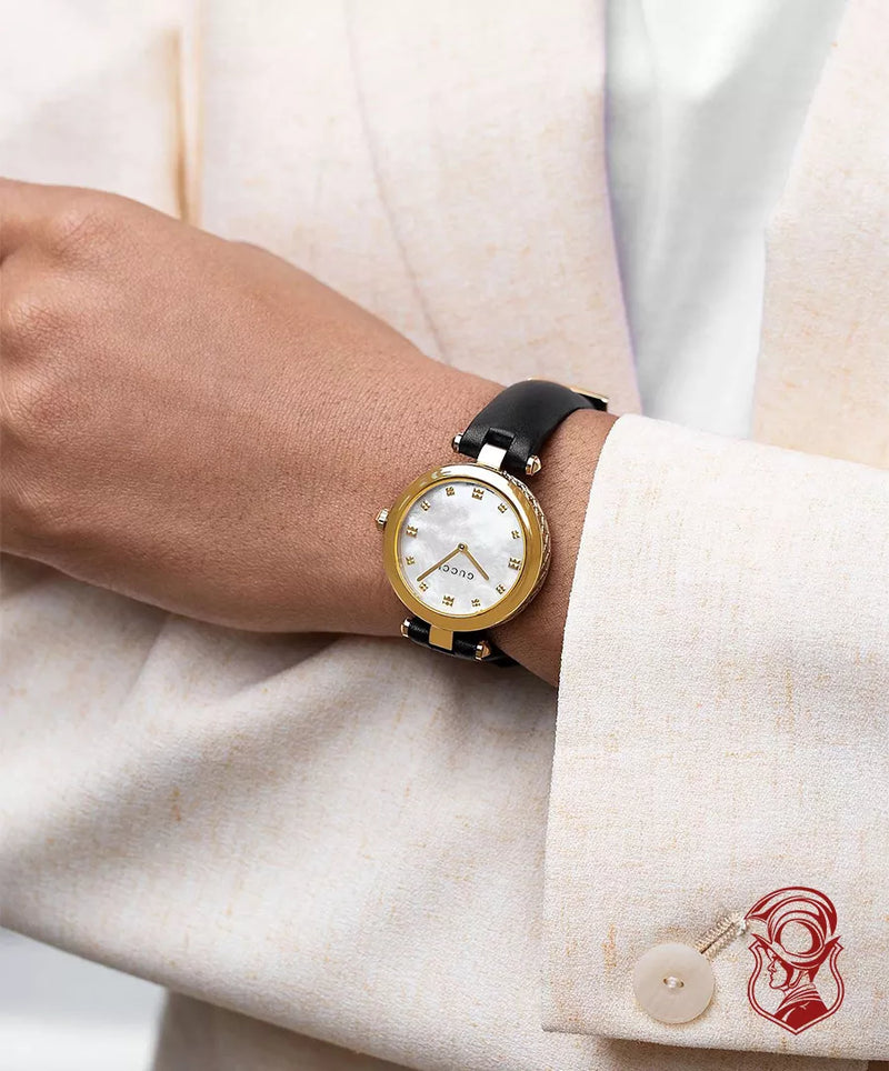 Shop Gucci Diamantissima Quartz Mother of Pearl Dial Black Leather Strap Watch for Women - YA141404 in USA